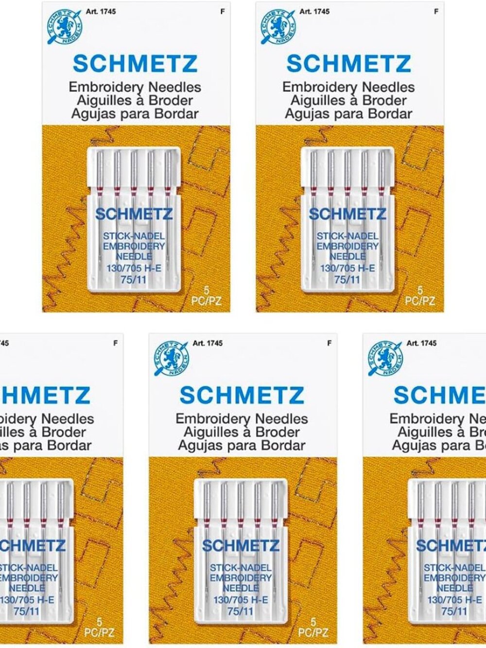 Embroidery Sewing Machine Needles - Precision Needles, Size 75/11, 5-Needle Card